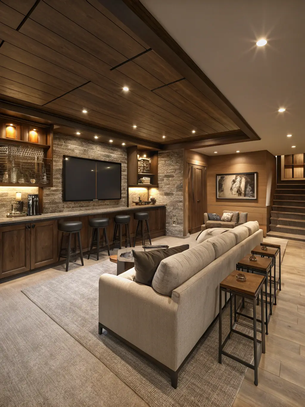 A finished basement with a home theater, bar area, and comfortable seating, providing a versatile space for entertainment and relaxation in a Canadian home.